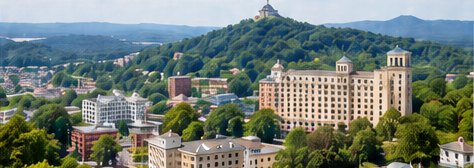 Downtown Hot Springs and the surrounding wooded hills