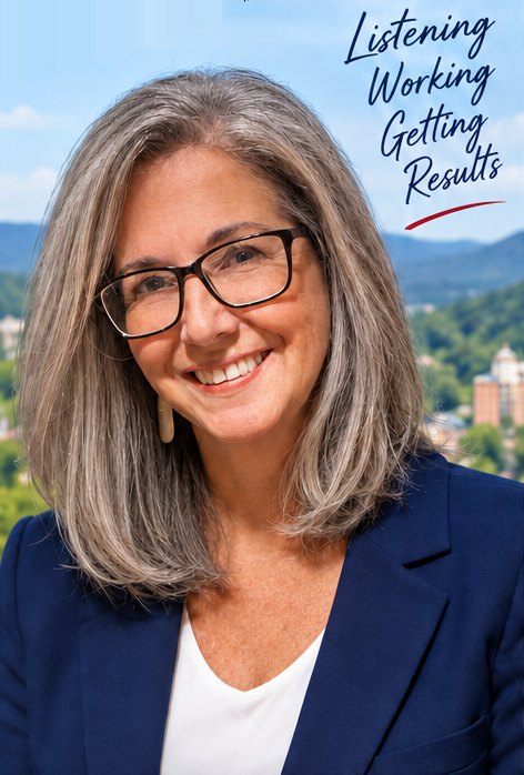 Susan Wilkins smiling, with the Hot Springs hills behind her